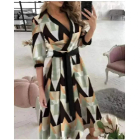 Fashion Long Sleeve V-Neck SHAPED Retro MCM Geometry Printed Wrap Midi Dress - Picture 2 of 7